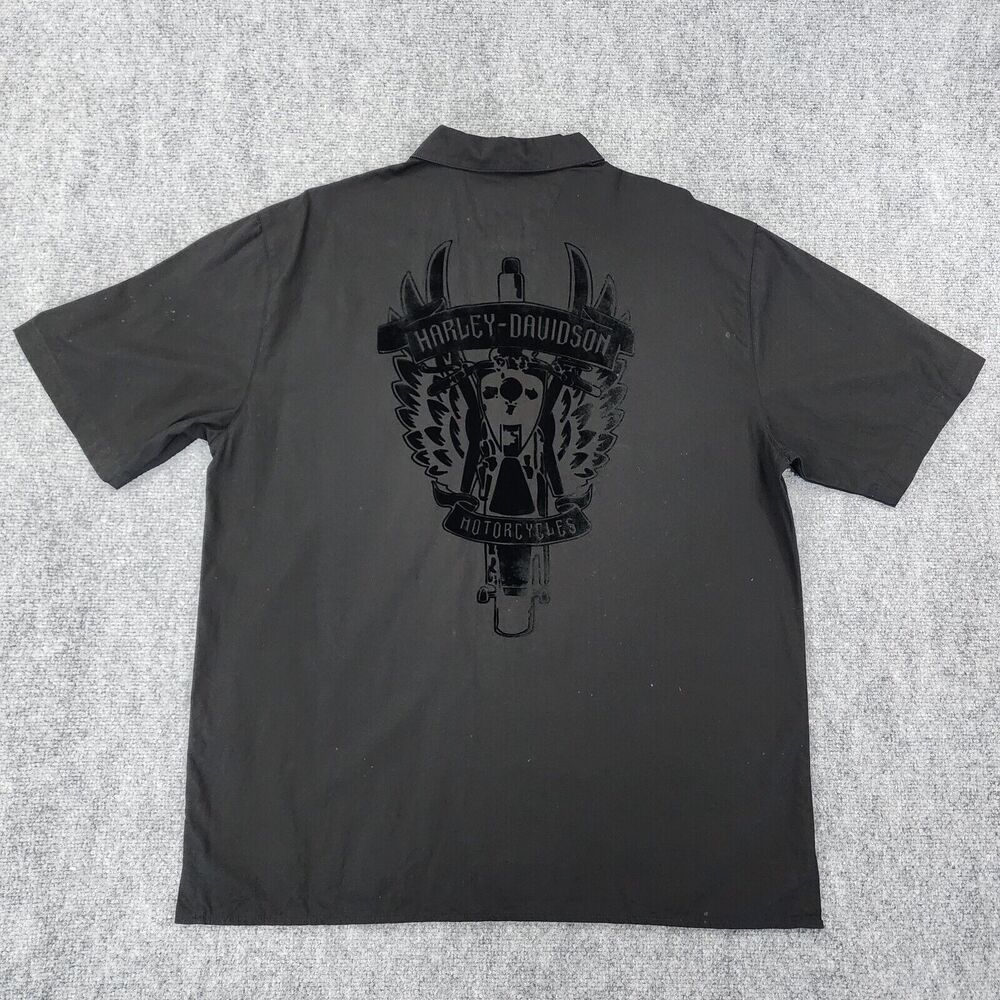 Vintage Harley Davidson Shirt Mens Large Black Short Sleeve Button Up Velour Y2K